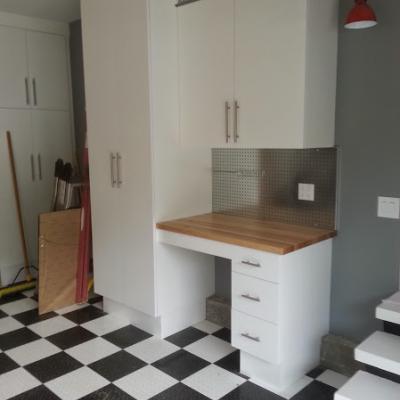 Custom garage cabinets with butcher block top